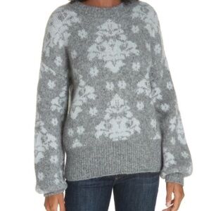 Lewit jacquard Womens Chunky Sweater Sz XL Grey White Wool Angora Mohair Blend